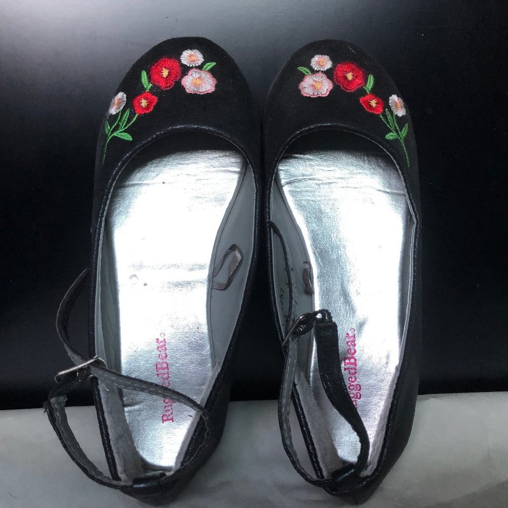 Rugged Bear Little Girls Black Floral Ankle-Strap Flat - Size: Little Kid 1